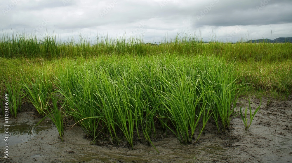 Lush green onion field thriving in rich soil under cloudy summer skies, set in a serene rural landscape Lush green onion field thriving in rich soil under cloudy summer skies, set in a serene rural landscape