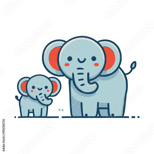 cartoon illustration of a cute adult elephant and a baby elephant