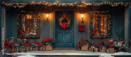 Festive holiday decorations adorning the entrance of a charming wooden house with wreaths and lights during winter evening ambiance