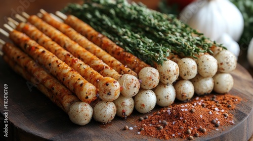 Culinary seasoning selection with textured skewers and herbs for enhancing lamb dishes and grilling experiences photo