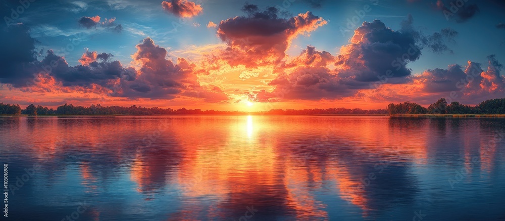 Serene sunset panorama over a tranquil river with vibrant reflections and dramatic clouds in the sky creating a picturesque landscape scene Serene sunset panorama over a tranquil river with vibrant reflections and dramatic clouds in the sky creating a picturesque landscape scene