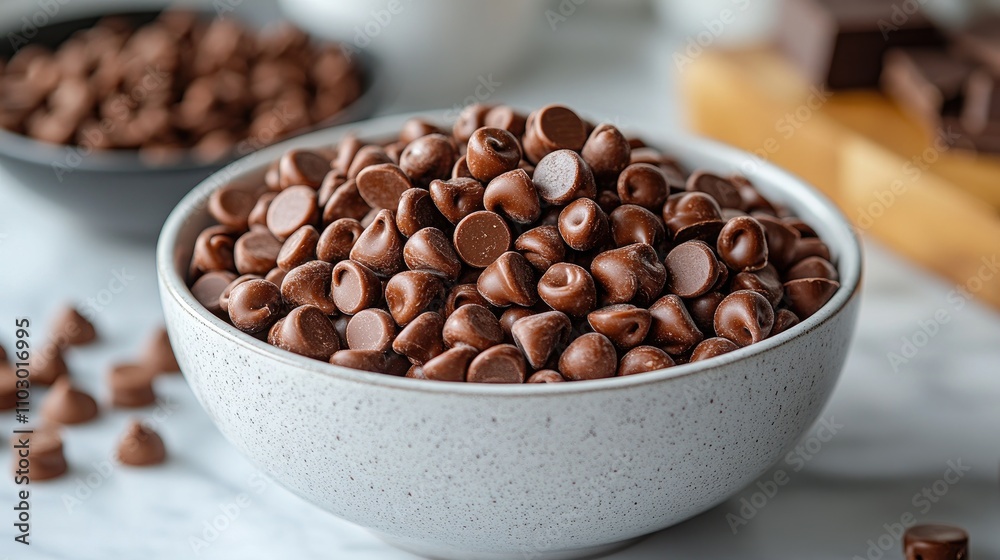 Nutritious breakfast bowl filled with daily chocolate cereal and chocolate chips on a marble surface for a healthy morning meal. Nutritious breakfast bowl filled with daily chocolate cereal and chocolate chips on a marble surface for a healthy morning meal.