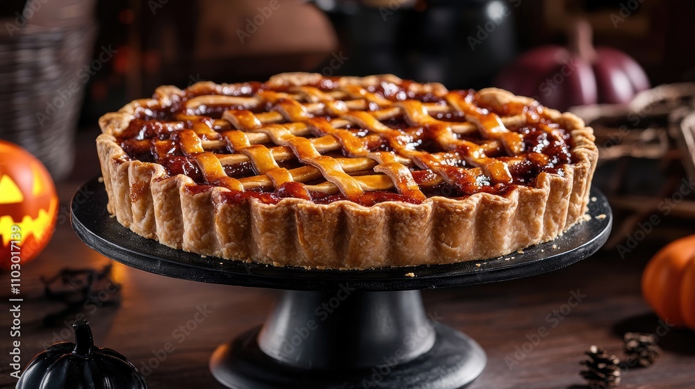 Festive homemade pie displayed on a pedestal with a Halloween-themed backdrop featuring decorative pumpkins and eerie elements. Festive homemade pie displayed on a pedestal with a Halloween-themed backdrop featuring decorative pumpkins and eerie elements.