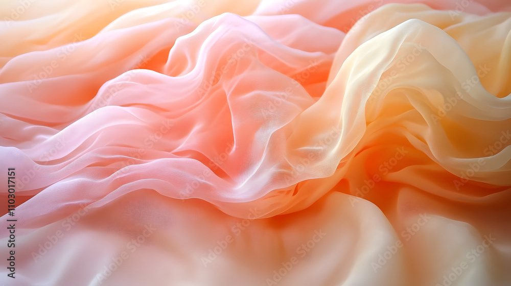 Close-up of soft, flowing peach and cream-colored fabric. The sheer material drapes beautifully, creating elegant folds and textures. Perfect for backgrounds or fashion imagery. Close-up of soft, flowing peach and cream-colored fabric. The sheer material drapes beautifully, creating elegant folds and textures. Perfect for backgrounds or fashion imagery.
