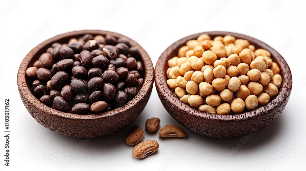 Brown and white peanuts in wooden bowls on a clean white background showcasing natural food textures and colors for culinary use Brown and white peanuts in wooden bowls on a clean white background showcasing natural food textures and colors for culinary use
