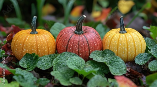 Colorful pumpkins among lush green leaves showcasing the beauty of Cucurbita pepo in a vibrant autumn setting photo