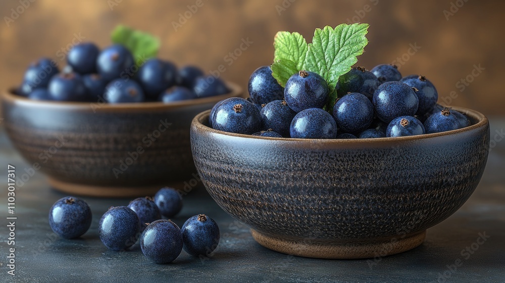 Fresh and vibrant black currant berries in ceramic bowls with mint leaves on a rustic background Fresh and vibrant black currant berries in ceramic bowls with mint leaves on a rustic background