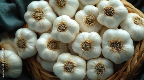 Garlic bulbs arranged in a basket showcasing their natural beauty against a soft textured background photo