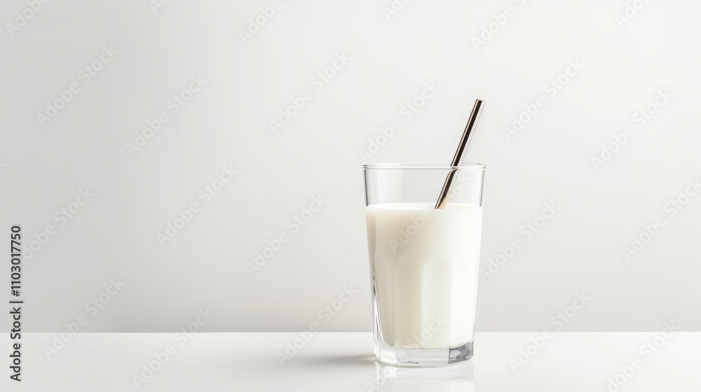 Fresh milk in a clear glass with a metallic straw on a minimalistic white background, emphasizing simplicity and purity of dairy products Fresh milk in a clear glass with a metallic straw on a minimalistic white background, emphasizing simplicity and purity of dairy products