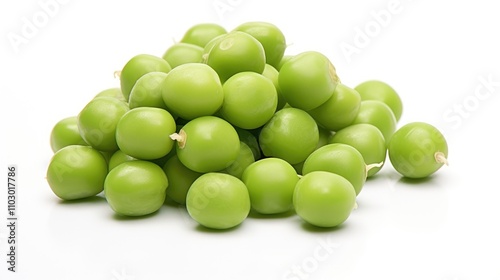 Fresh green peas piled on a clean white background showcasing their vibrant color and natural texture ideal for culinary and health concepts