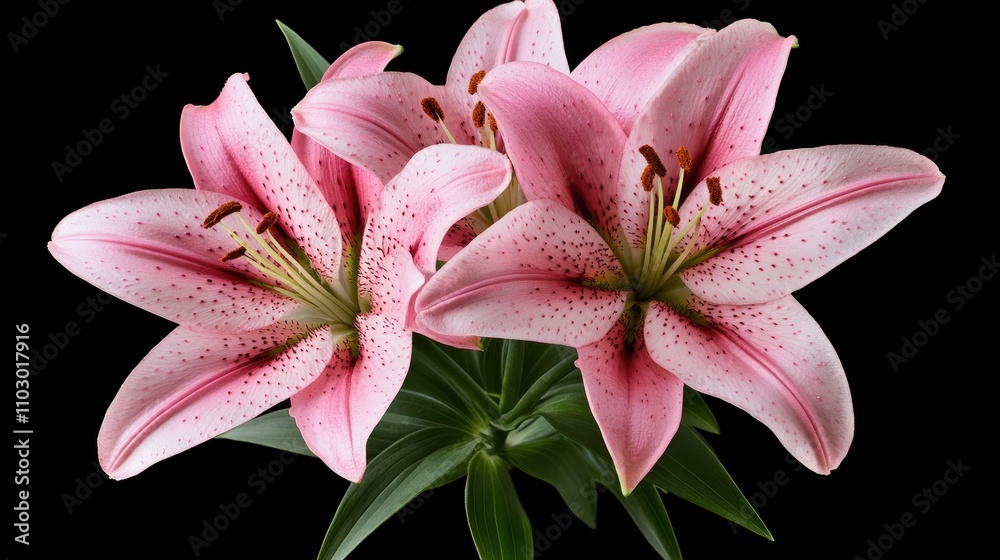 Close-up of elegant pink lilies featuring intricate petals and vibrant speckles, perfect for floral arrangements and nature-inspired decor. Close-up of elegant pink lilies featuring intricate petals and vibrant speckles, perfect for floral arrangements and nature-inspired decor.