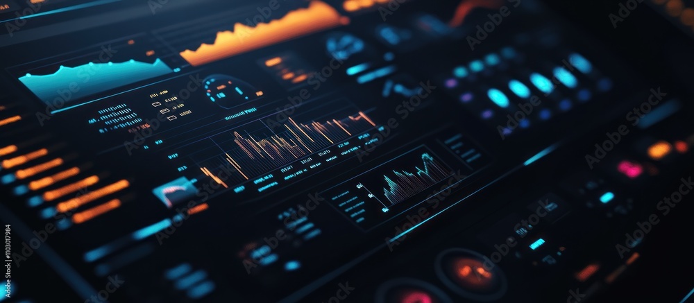 Close-up of a futuristic digital dashboard displaying graphs, charts, and data visualizations. Close-up of a futuristic digital dashboard displaying graphs, charts, and data visualizations.