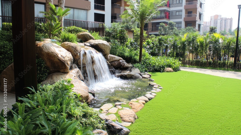 Serene Waterfall Oasis in Lush Apartment Complex Garden Serene Waterfall Oasis in Lush Apartment Complex Garden