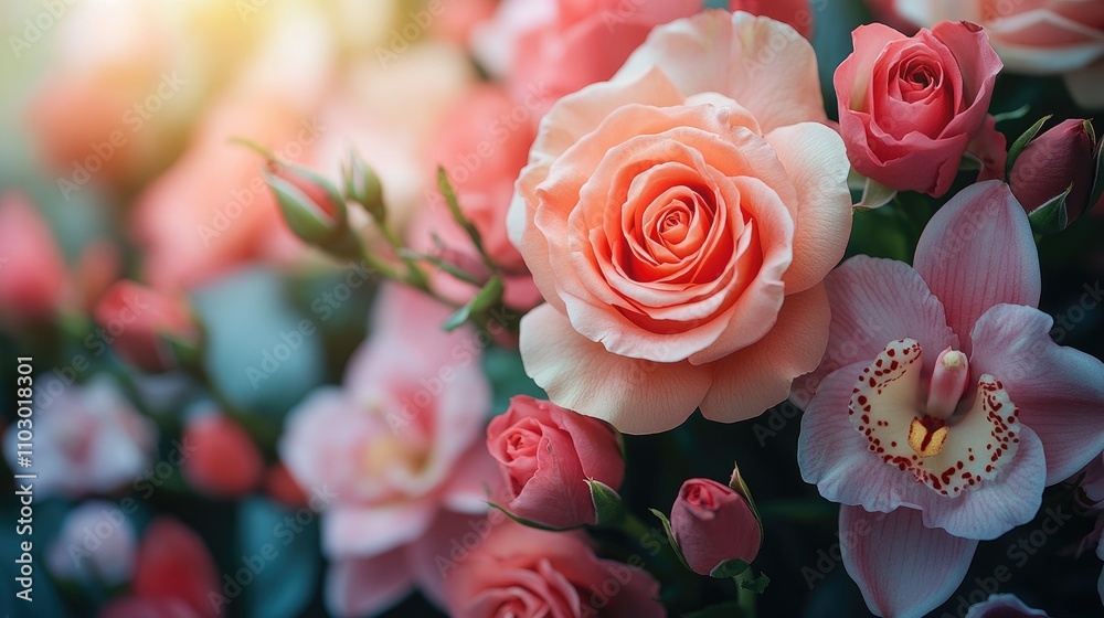 Fototapeta premium Elegant closeup of a vibrant floral arrangement featuring roses, lilies, and orchids against a soft white background for a fresh aesthetic.