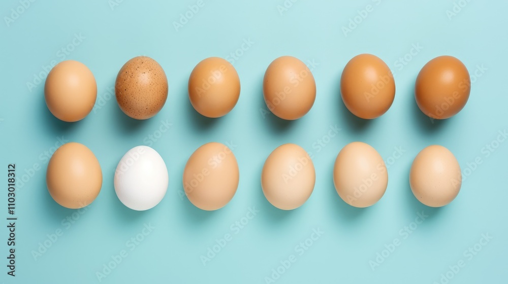 Diverse array of eggs arranged in a flat lay on a blue background symbolizing nutrition and food diversity Diverse array of eggs arranged in a flat lay on a blue background symbolizing nutrition and food diversity