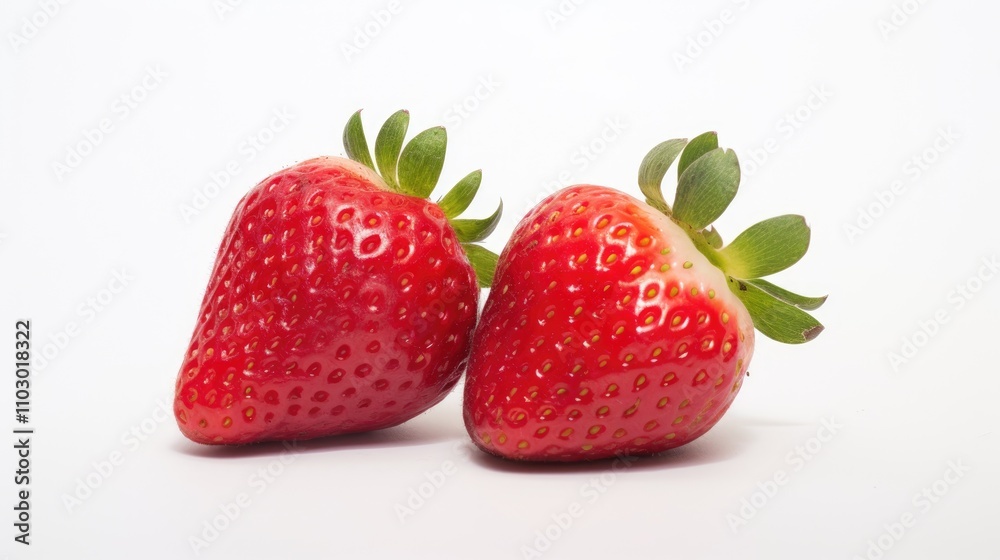 Fresh strawberries with vibrant red color and green leaves arranged on a clean white background ideal for food and health-themed designs Fresh strawberries with vibrant red color and green leaves arranged on a clean white background ideal for food and health-themed designs