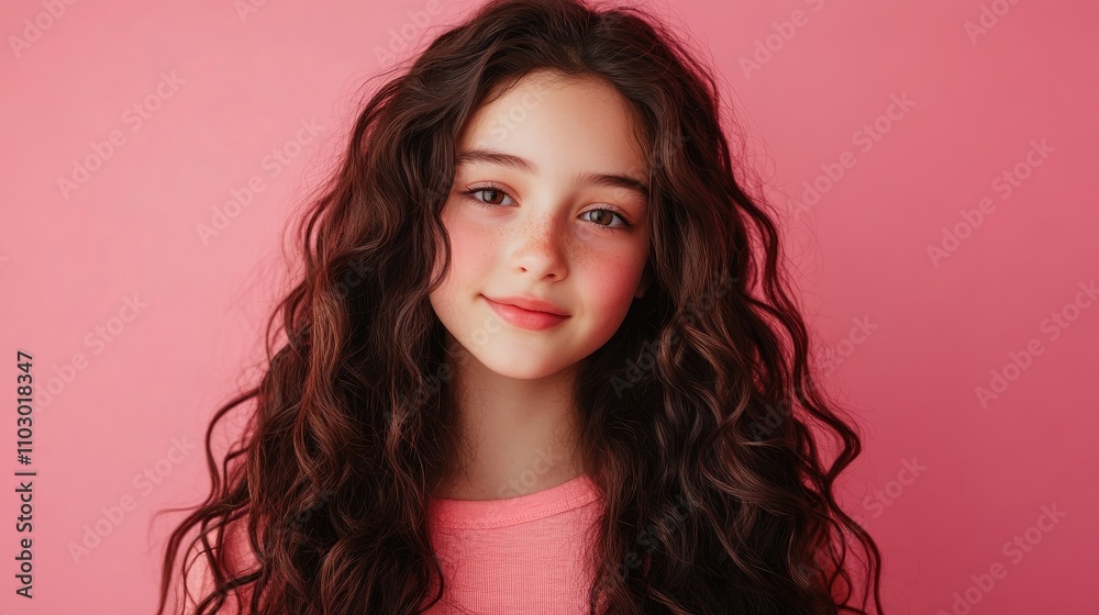 Young girl with long, wavy hair wearing a pink shirt, smiling gently against a vivid pink backdrop, radiating joy and innocence. Young girl with long, wavy hair wearing a pink shirt, smiling gently against a vivid pink backdrop, radiating joy and innocence.