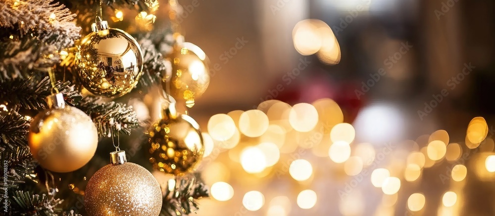 Golden bokeh background of holiday lights and Christmas tree ornaments creating a warm festive atmosphere for the holiday season Golden bokeh background of holiday lights and Christmas tree ornaments creating a warm festive atmosphere for the holiday season