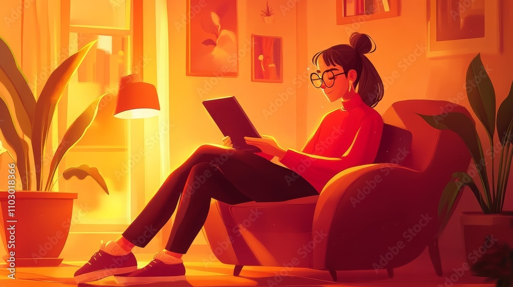Cozy Indoor Reading Experience with Warm Lighting and Relaxed Atmosphere Featuring a Person Enjoying a Book in a Modern and Stylish Living Room Setting Cozy Indoor Reading Experience with Warm Lighting and Relaxed Atmosphere Featuring a Person Enjoying a Book in a Modern and Stylish Living Room Setting