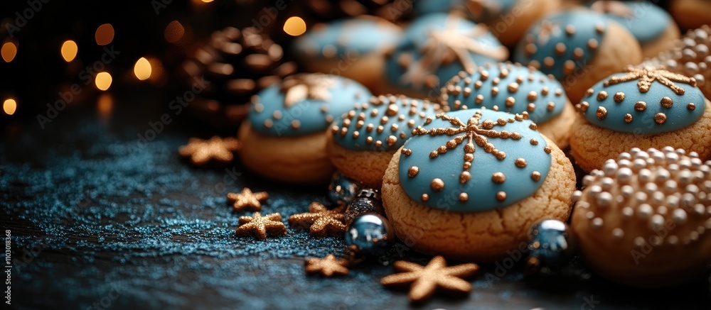 New Year themed icing cookies with decorative blue frosting and golden accents displayed on a rustic wooden surface with festive bokeh lights New Year themed icing cookies with decorative blue frosting and golden accents displayed on a rustic wooden surface with festive bokeh lights