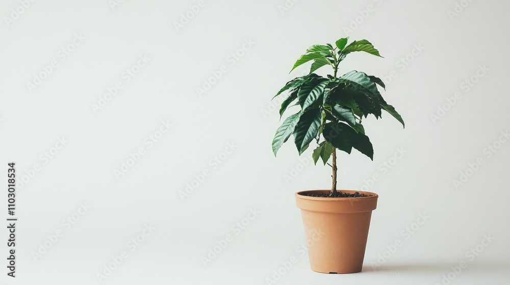 Coffee plant in a terracotta pot with lush green leaves, positioned against a clean white background, emphasizing its vibrant foliage. Coffee plant in a terracotta pot with lush green leaves, positioned against a clean white background, emphasizing its vibrant foliage.