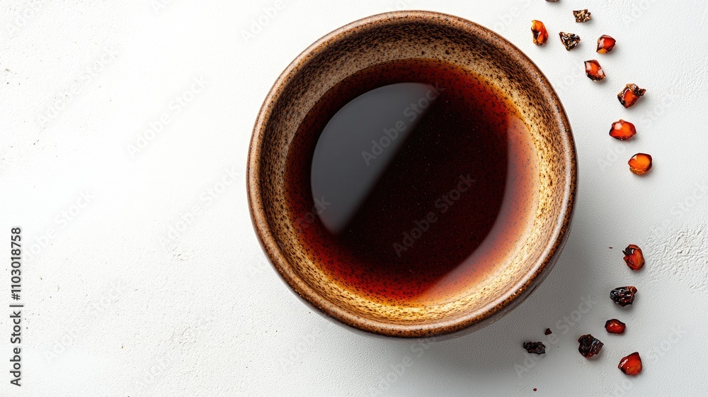 Soy sauce in a decorative bowl with spices arranged nearby against a clean white background for culinary and food presentation concepts Soy sauce in a decorative bowl with spices arranged nearby against a clean white background for culinary and food presentation concepts