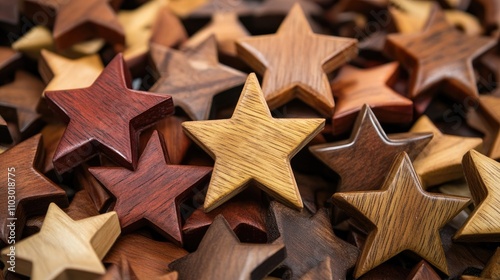 Wooden Star Awards in Various Shades Representing Academic Excellence and Achievement in a Pile of Success Symbols