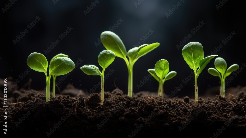 New growth of green sprouts breaking through rich soil illuminated by morning light with a dramatic black background ideal for nature themes