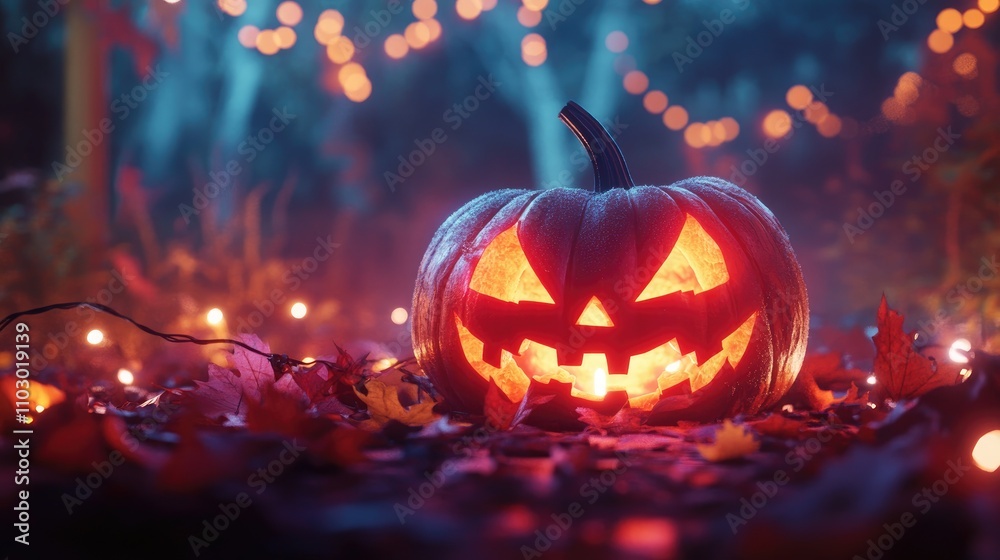 Glowing carved pumpkin with a mischievous grin illuminated by string lights, surrounded by colorful autumn leaves, creating a whimsical Halloween atmosphere. Glowing carved pumpkin with a mischievous grin illuminated by string lights, surrounded by colorful autumn leaves, creating a whimsical Halloween atmosphere.
