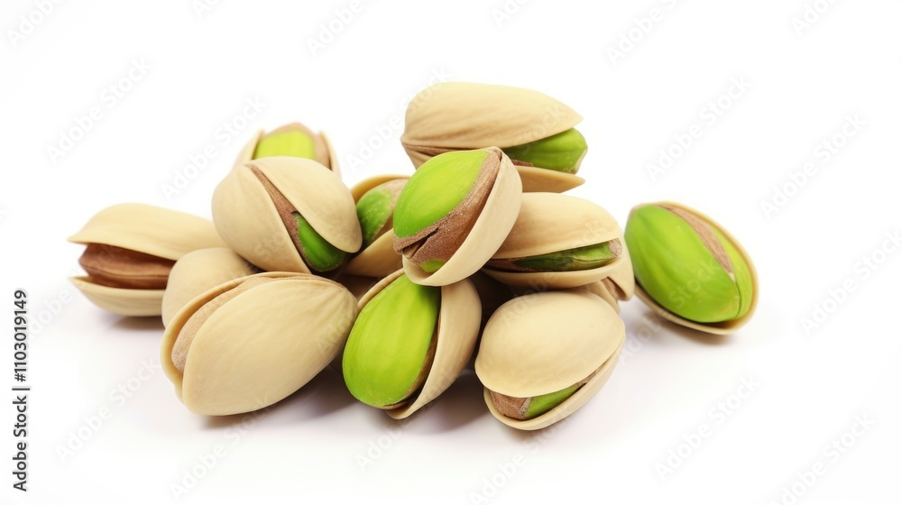 Pistachios arranged on a white background showcasing their vibrant green color ideal for snacks salads baking and culinary presentations Pistachios arranged on a white background showcasing their vibrant green color ideal for snacks salads baking and culinary presentations