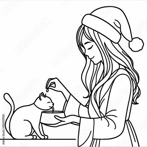 Blank coloring book illustration, a woman wearing a Christmas hat is feeding a cat.