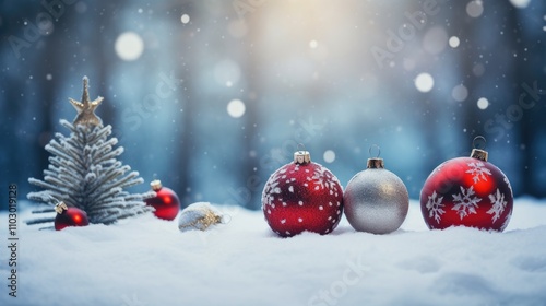 Christmas ornaments and a small tree adorned with decorations in a snowy winter landscape with soft blurred lighting backdrop