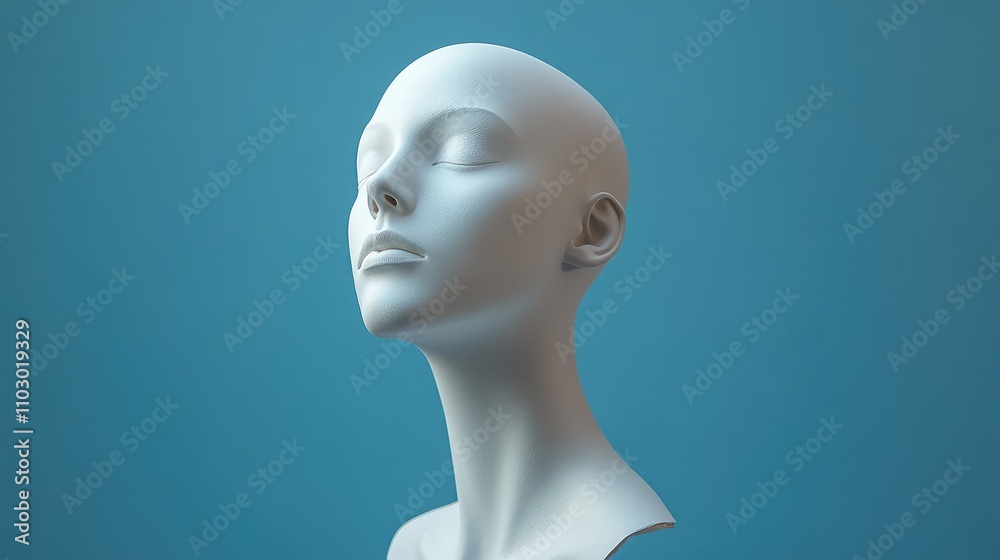 Image of a Faceless White Mannequin Head on Blue Background with Copy Space Image of a Faceless White Mannequin Head on Blue Background with Copy Space
