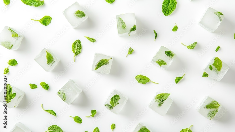 Mint-infused ice cubes scattered on a bright white surface, surrounded by fresh mint leaves for a refreshing aesthetic. Mint-infused ice cubes scattered on a bright white surface, surrounded by fresh mint leaves for a refreshing aesthetic.