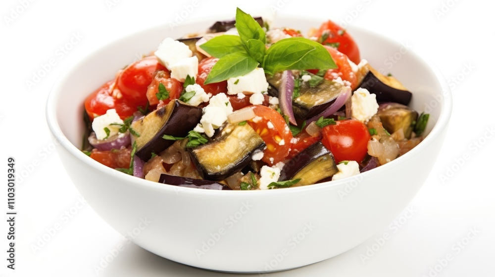 Eggplant salad with fresh tomatoes and feta cheese garnished with basil in a bowl on a white background Eggplant salad with fresh tomatoes and feta cheese garnished with basil in a bowl on a white background