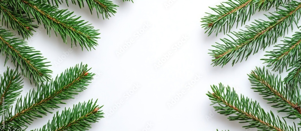 Green pine branches arranged symmetrically against a white background creating a fresh natural frame for seasonal or festive designs Green pine branches arranged symmetrically against a white background creating a fresh natural frame for seasonal or festive designs