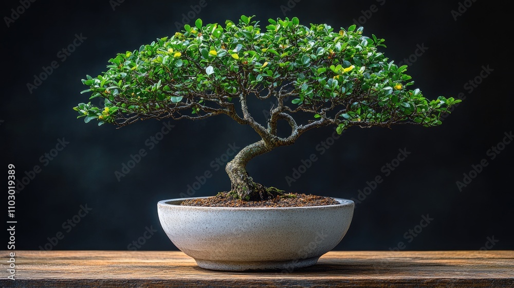 Bonsai tree in a minimalist white pot atop a wooden table with a dark background highlighting its intricate foliage and elegant shape Bonsai tree in a minimalist white pot atop a wooden table with a dark background highlighting its intricate foliage and elegant shape
