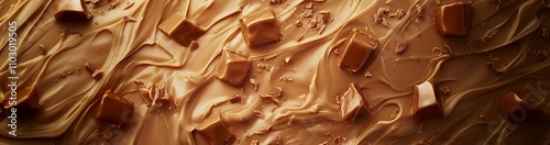 A close-up of smooth chocolate with caramel pieces, showcasing indulgence and sweetness.