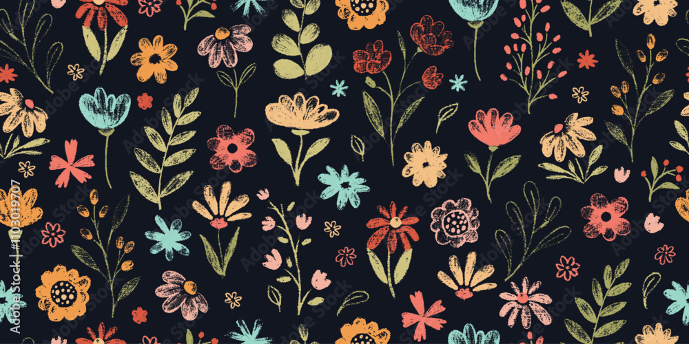 Seamless pattern with flowers. Cute floral simple doodle botanical art. Flowers, leaves, greenery kid style drawings. Crayon pencil vector. Spring, summer childish blosooms. Endlesss, repeat wallpaper
