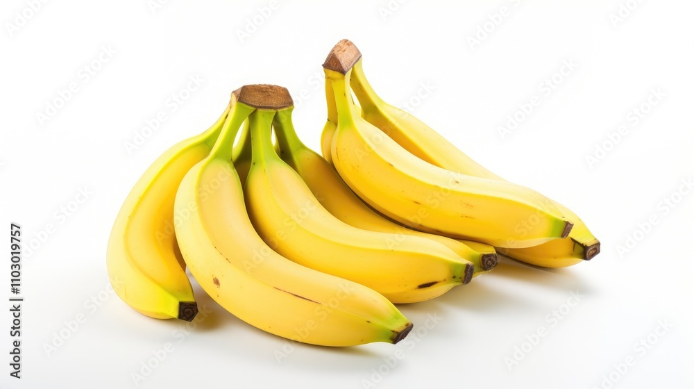 Vibrant bunch of fresh ripe bananas arranged elegantly on a clean white background showcasing their natural color and texture. Vibrant bunch of fresh ripe bananas arranged elegantly on a clean white background showcasing their natural color and texture.