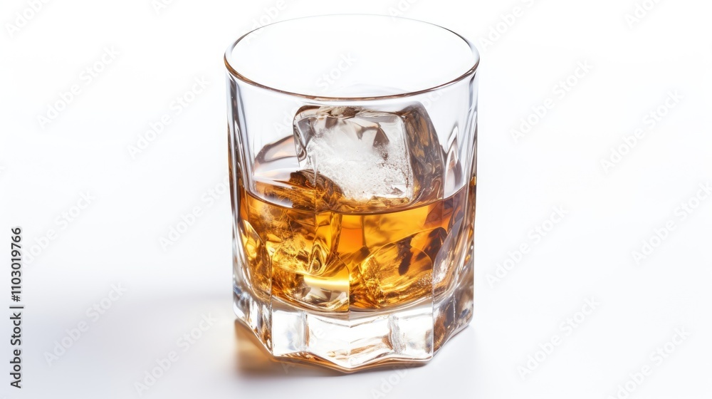 Glass of scotch whiskey with large ice cubes served on a white background for beverage or luxury lifestyle concepts Glass of scotch whiskey with large ice cubes served on a white background for beverage or luxury lifestyle concepts