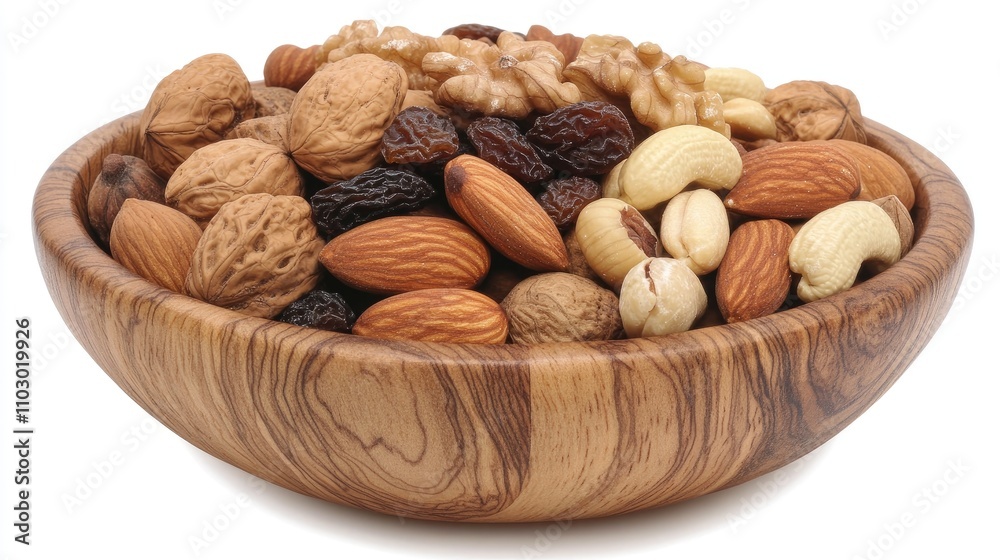A beautifully crafted wooden bowl overflowing with assorted nuts, including almonds, walnuts, cashews, and plump raisins. A beautifully crafted wooden bowl overflowing with assorted nuts, including almonds, walnuts, cashews, and plump raisins.