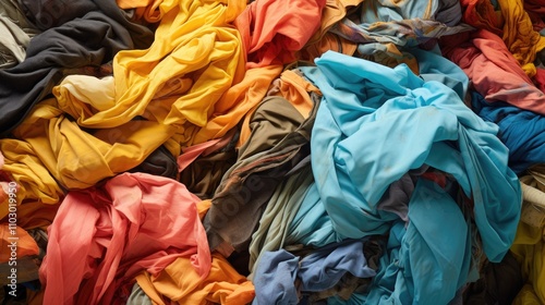 Vibrant fabric scraps in a disorganized heap showcasing a variety of colors and textures suitable for textile and craft related projects. photo