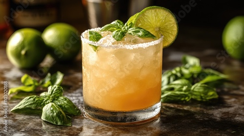 Refreshing summer lime cocktail with tequila, basil, and ice garnished with lime on a dark background showcasing vibrant flavors and ingredients