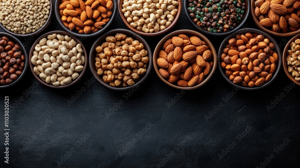 Assorted nuts displayed in bowls on a dark table background showcasing a variety of textures and colors in a rich composition Assorted nuts displayed in bowls on a dark table background showcasing a variety of textures and colors in a rich composition