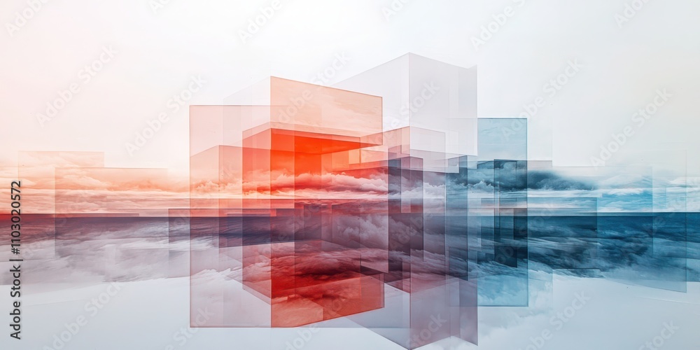 Creating modern geometric abstraction with layered shapes and fog effect in clean design spaces