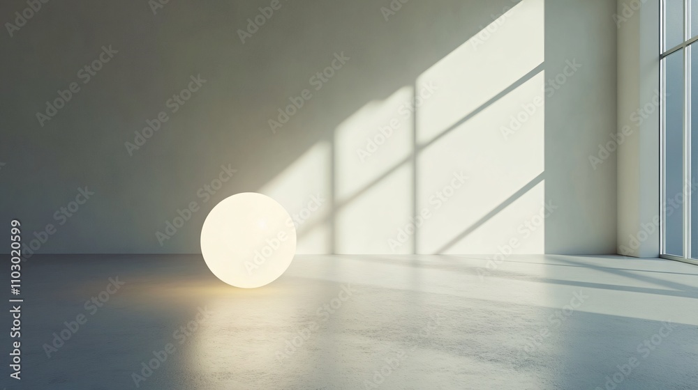 Serene Minimalist Interior with Glowing Orb and Sunlight Serene Minimalist Interior with Glowing Orb and Sunlight