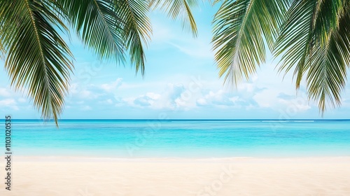 Tranquil Tropical Beach Scene with Azure Waters and Lush Palm Leaves Framing the View of a Serene Ocean Under a Bright Blue Sky