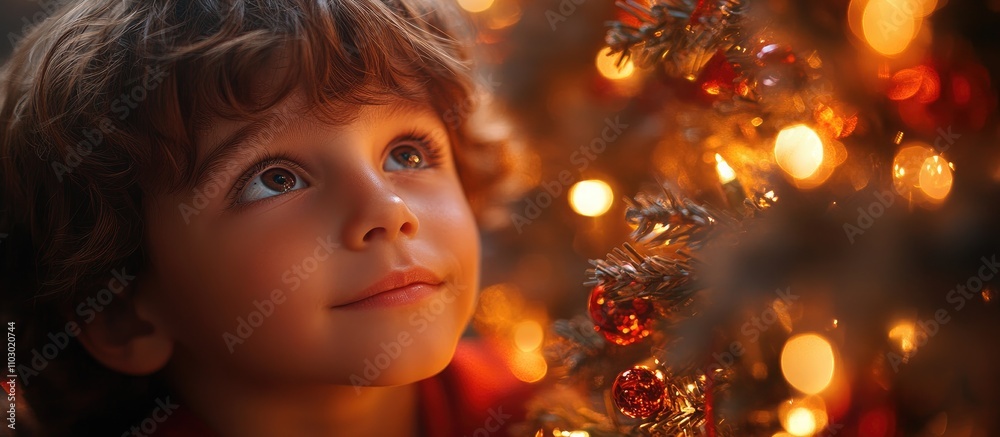 Young boy gazing cheerfully at a decorated Christmas tree illuminated by festive lights and ornaments during the holiday season. Young boy gazing cheerfully at a decorated Christmas tree illuminated by festive lights and ornaments during the holiday season.