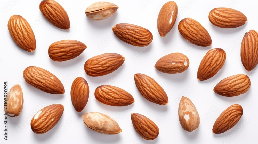 Almonds beautifully scattered on a clean white background highlighting their natural textures and colors for healthy eating or culinary concepts Almonds beautifully scattered on a clean white background highlighting their natural textures and colors for healthy eating or culinary concepts